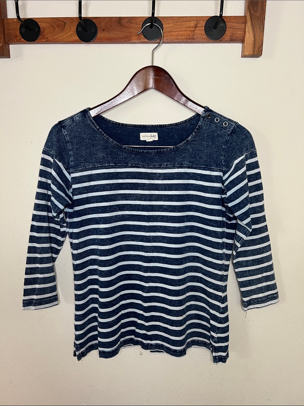 Maison Jules Striped Top Shoulder Buttons 3/4 Sleeve Casual Size Large